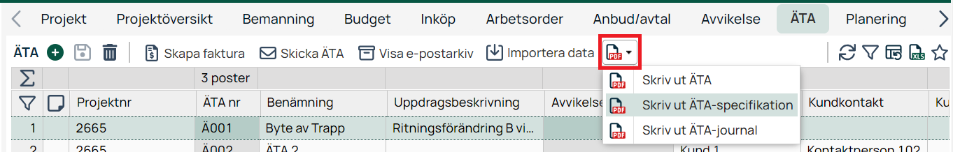 ÄTA-fliken med PDF-utskriftsmenyn öppen