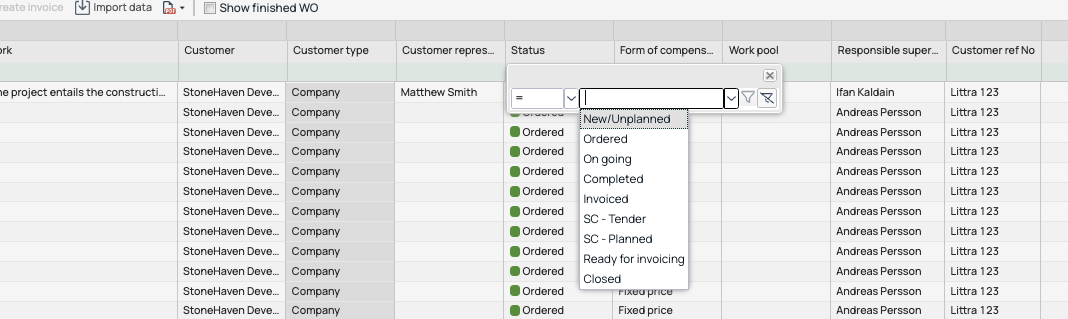 Work Orders list — Status filter dropdown open