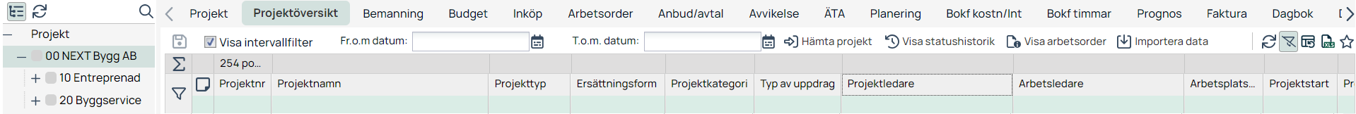 Projektöversikt — lista med projektkolumner och filteralternativ