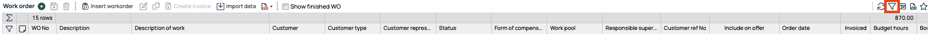 Work Order list view with filter active