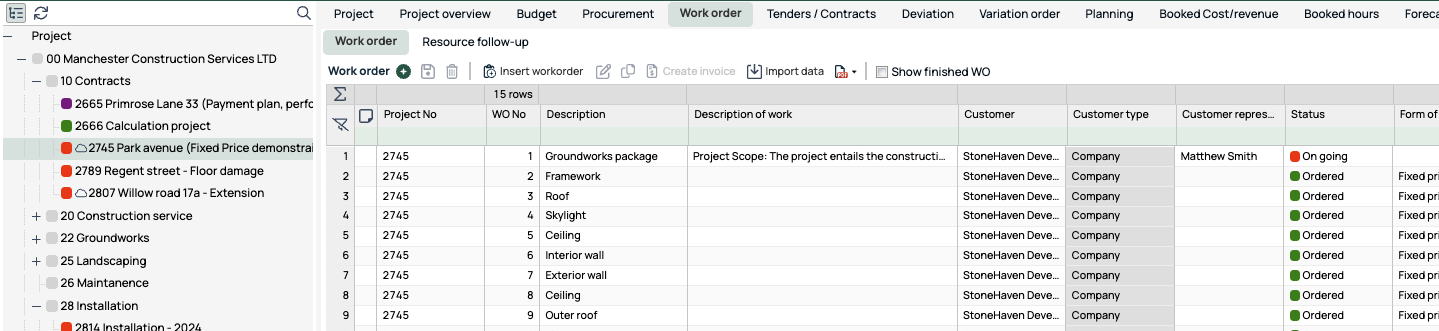 Work Order list for a fixed price project