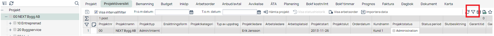 Projektöversikt — lista över projekt i affärssystem