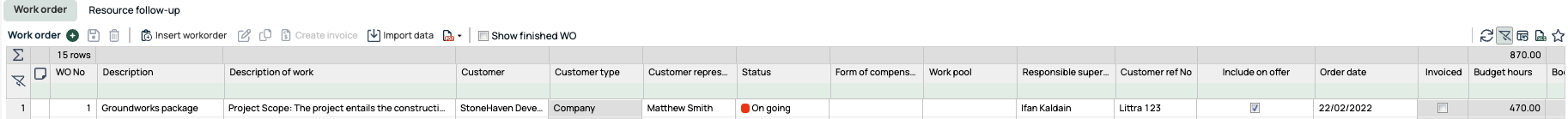 Work Order list view with ongoing orders