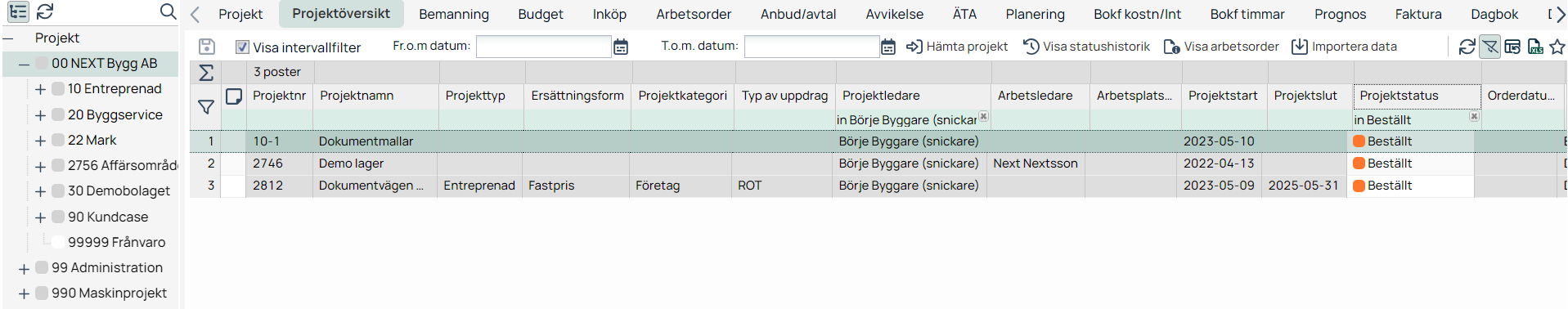 Projektöversikt med lista över projekt och deras status