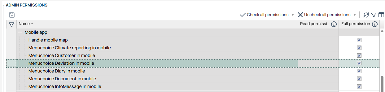 Admin Permissions — Mobile App permissions list