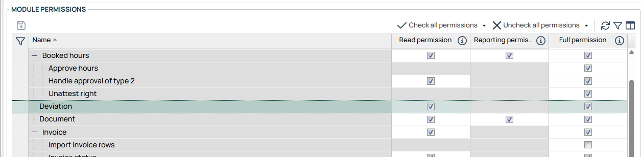 Module Permissions settings panel with permission checkboxes