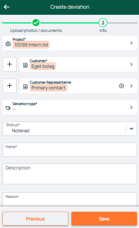 Create Deviation — Info step form