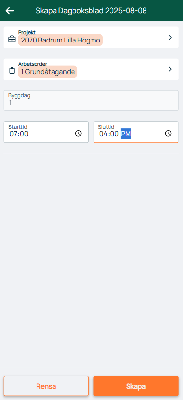 Create Daily Log entry form with time fields