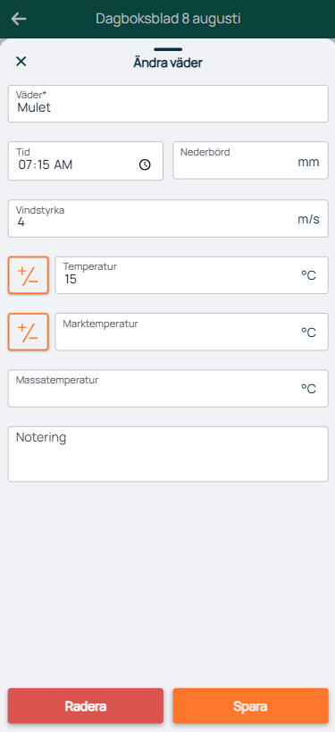 Dagboksblad — Edit Weather Entry dialog