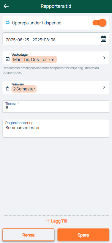 Rapportera tid — upprepa frånvaro under tidsperiod
