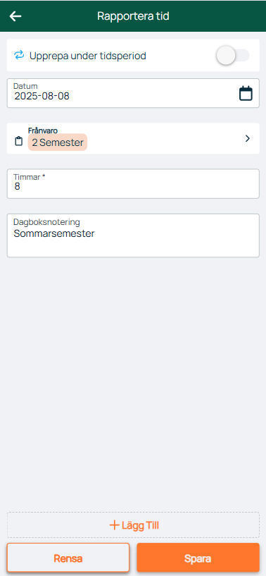Rapportera tid — formulär för frånvaro och semester