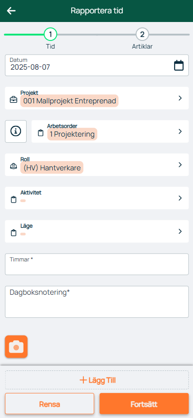 Rapportera tid — steg 1 Tid med prosjekt og arbeidsordre