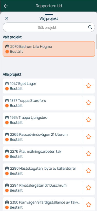 Rapportera tid — Välj projekt-dialog med prosjektliste