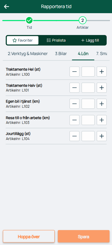 Rapportera tid — Artiklar steg 2, Lønn-kategorien
