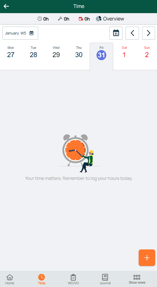 Time registration — empty day view with no hours logged
