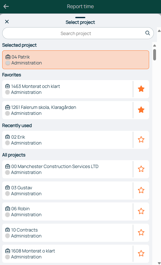 Report Time — Select Project dialog