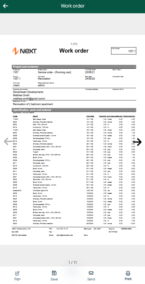 Work Order detail view with materials specification