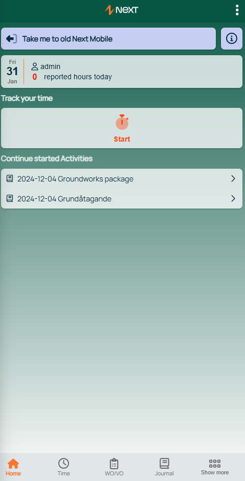 Next Mobile — Home screen with time tracking