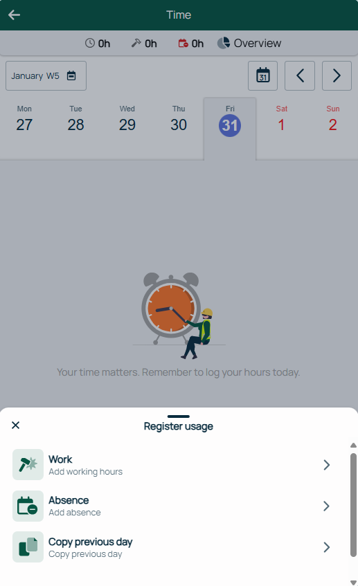 Time registration — Register usage dialog open