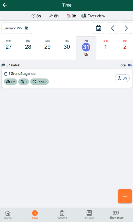 Time registration — weekly day view with task entry