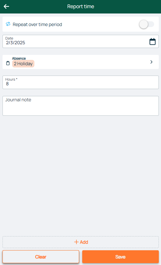 Aceve — Report Time entry form with absence type