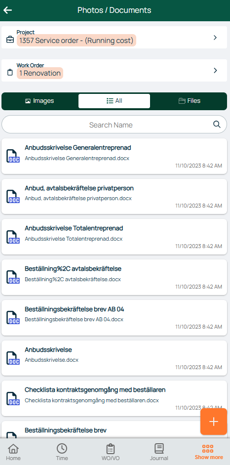 Photos/Documents — All files list for work order