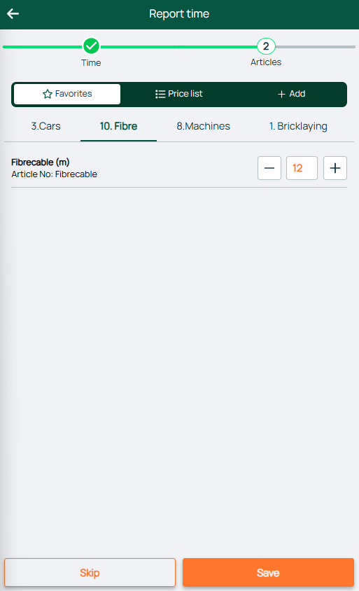 Report Time — Articles step, Fibre category