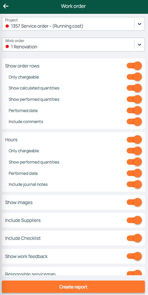 Work Order — Create Report settings screen