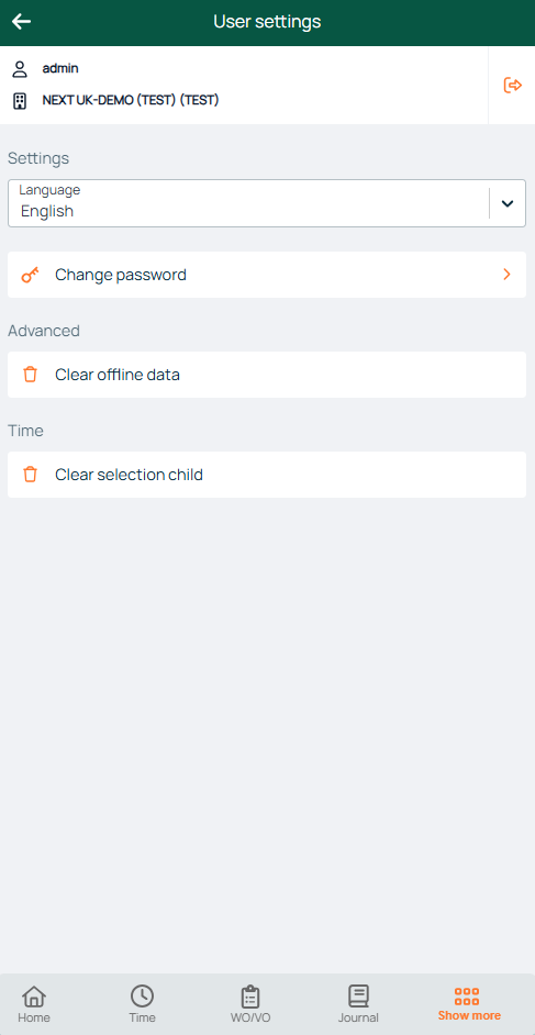 User Settings — language, password, and data options
