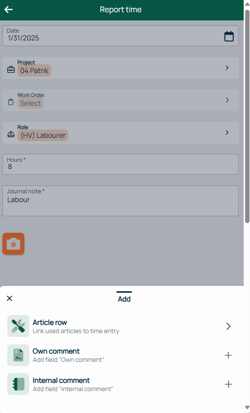 Aceve — Report Time entry form with Add options
