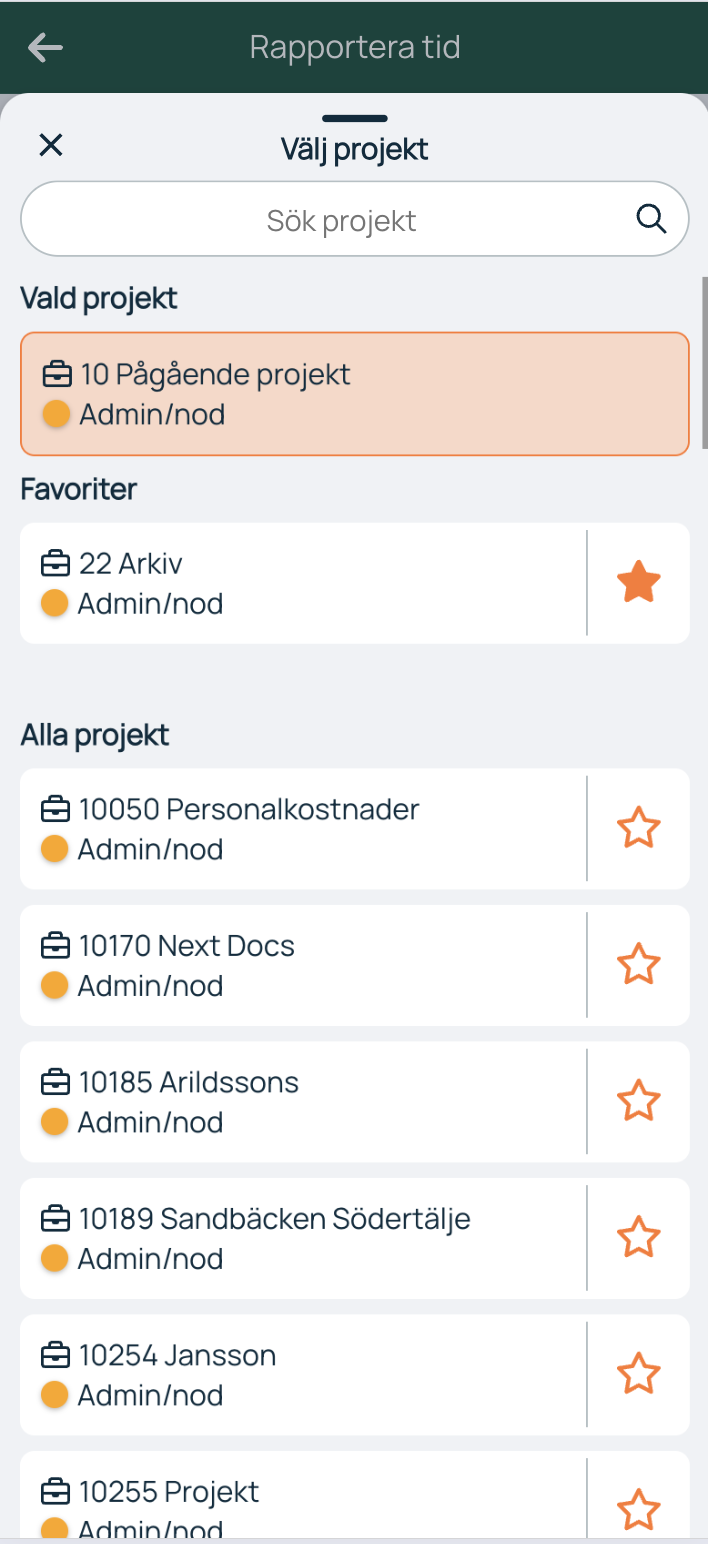 Rapportera tid — Välj projekt dialog i mobilapp