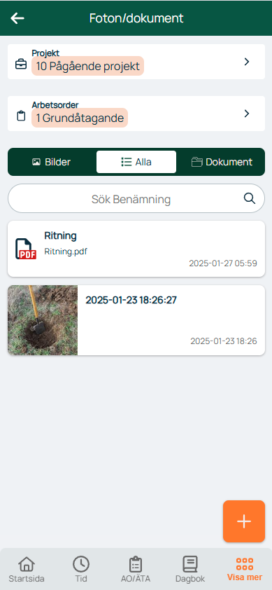 Foton/dokument — lista med bilder och PDF-dokument