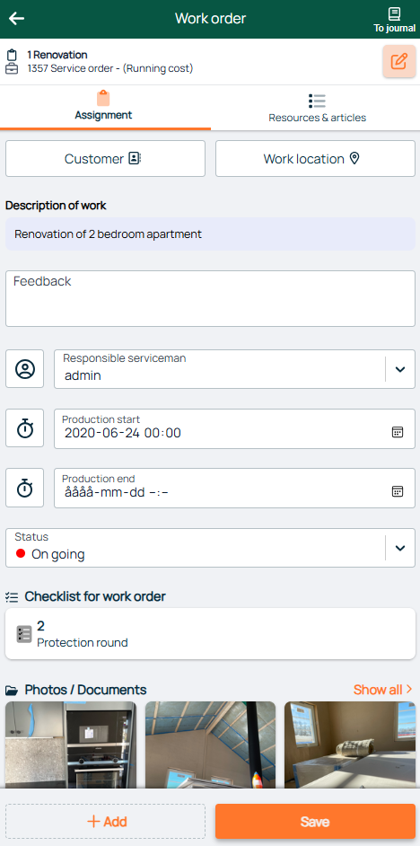 Work Order — Assignment tab with status and checklist