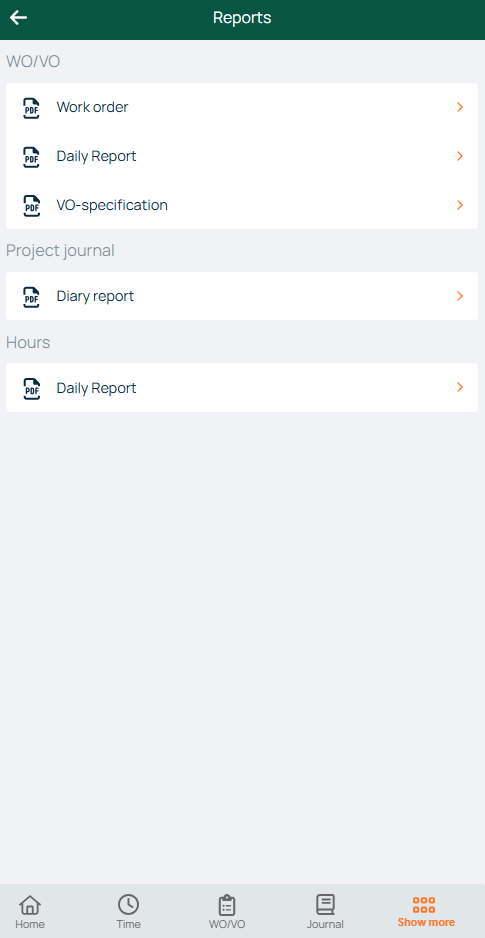 Aceve Reports screen with WO/VO and Hours sections