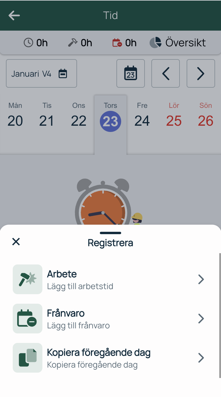 Tidregistrering — Registrera dialog med arbete och frånvaro