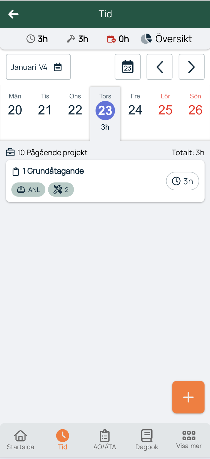 Tidregistrering mobilvy — veckokalender med projekt och timmar