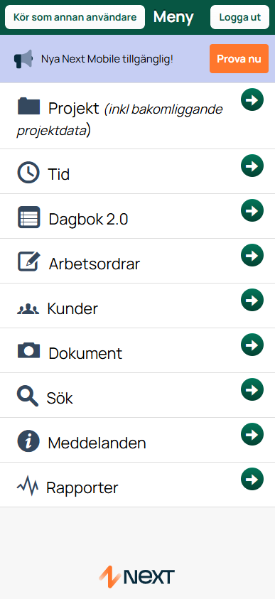 Next Mobile — huvudmeny med navigeringsalternativ