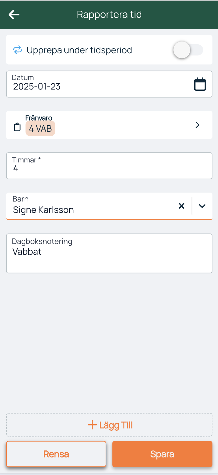 Rapportera tid — registrera VAB-frånvaro med barnval