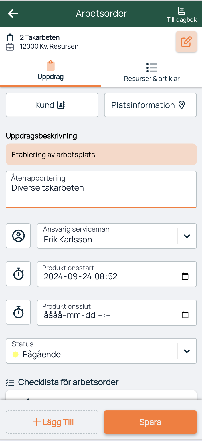 Arbetsorder — Uppdrag-fliken med status och checklista