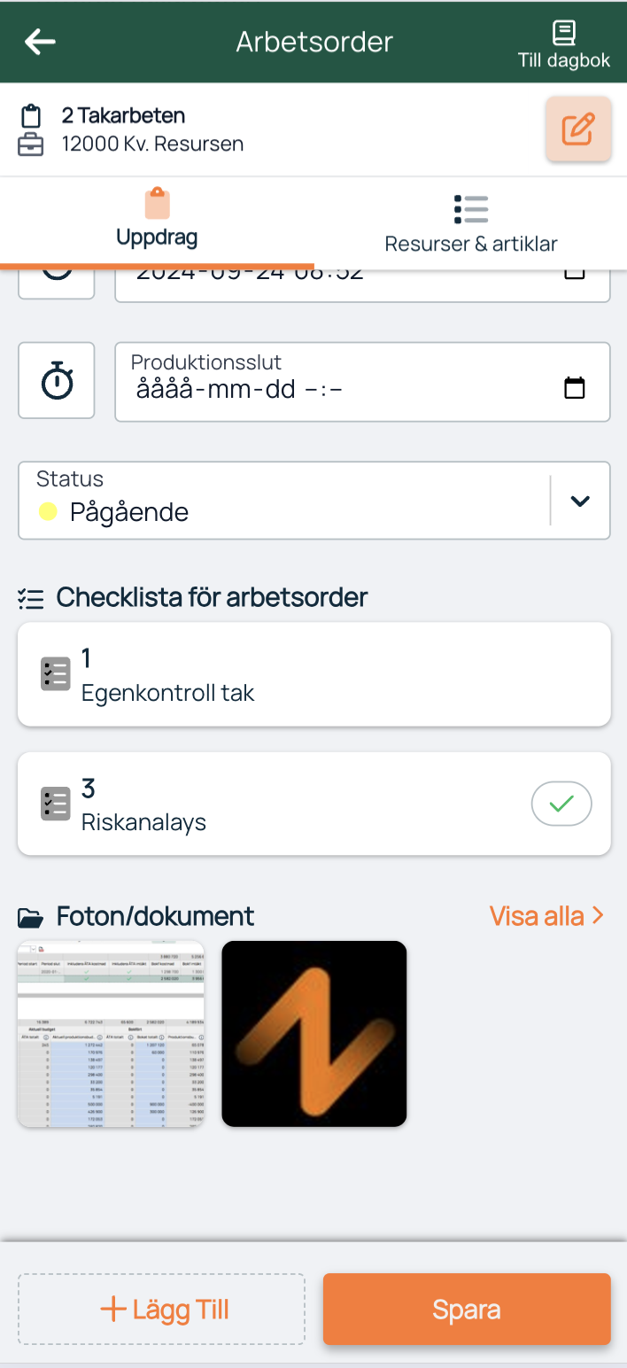 Arbetsorder — Uppdrag med checklista och foton
