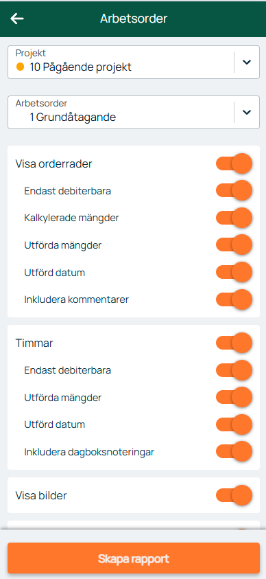 Arbetsorder — rapportinställningar med toggles för orderrader och timmar