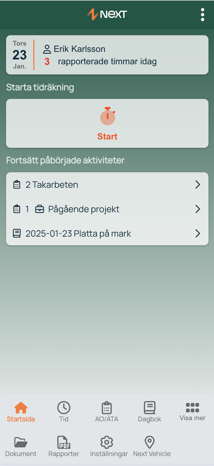 Next app startside med tidtelling og pågående aktiviteter