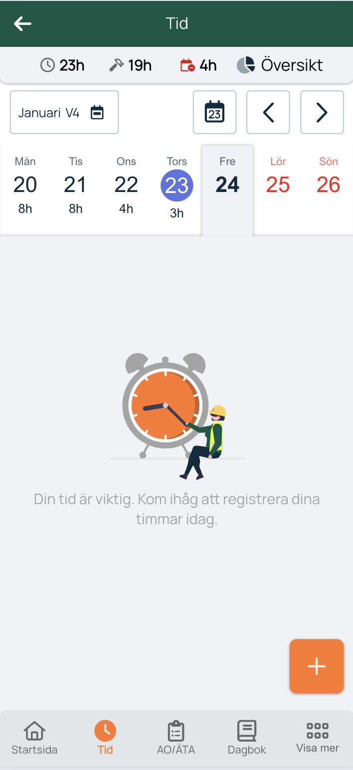 Tidsregistrering — ukesvisning med tom dag markert