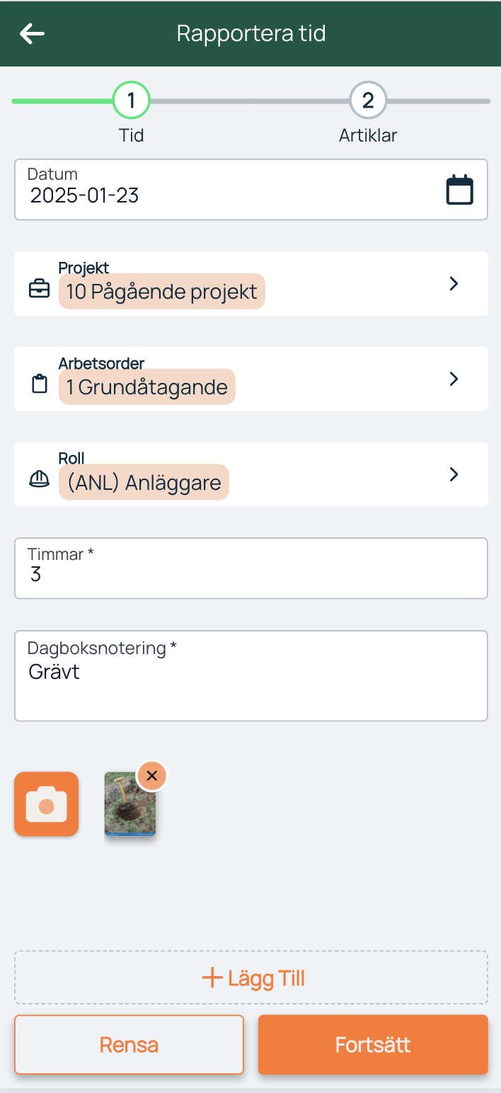Rapporter tid — steg 1 Tid i mobilapp