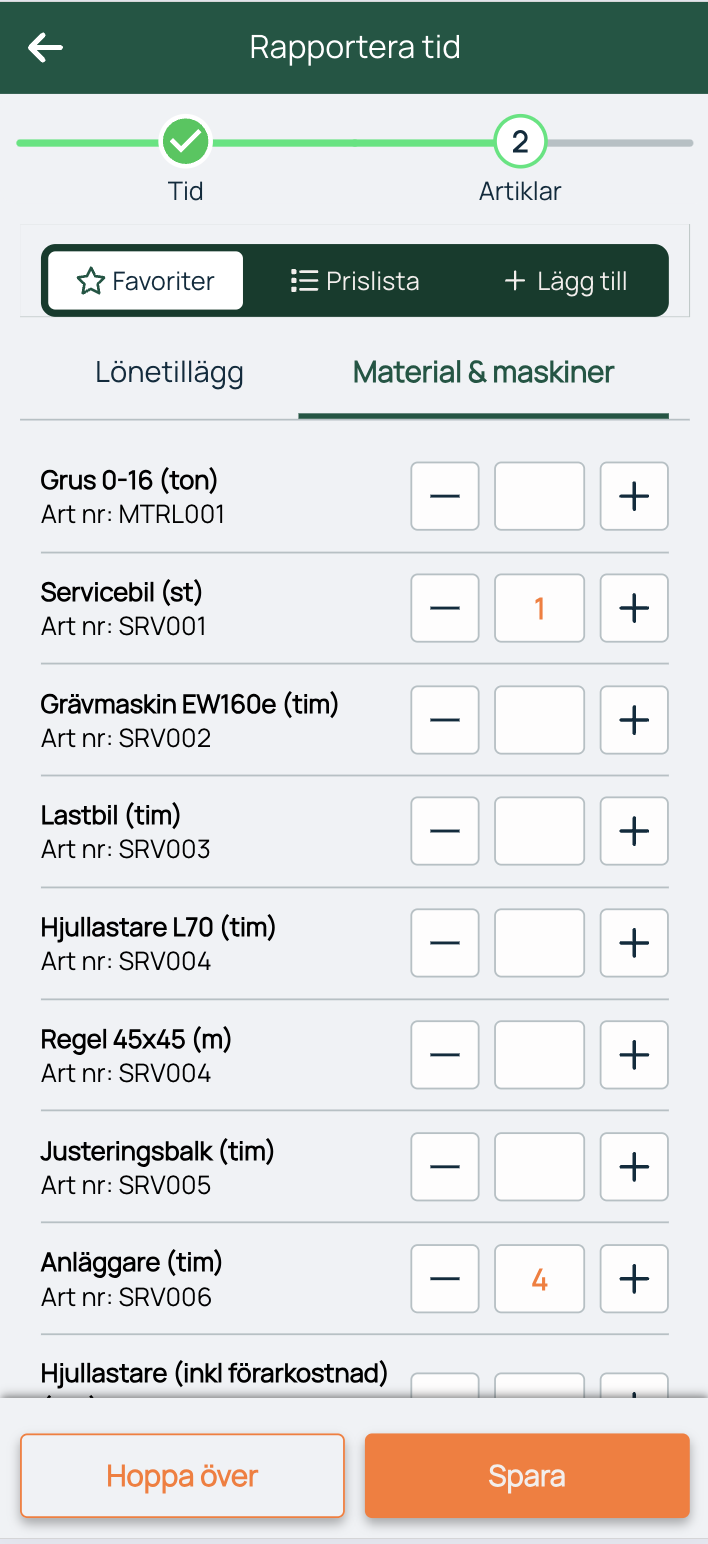 Rapporter tid — steg 2 Artikler, Materiell & maskiner