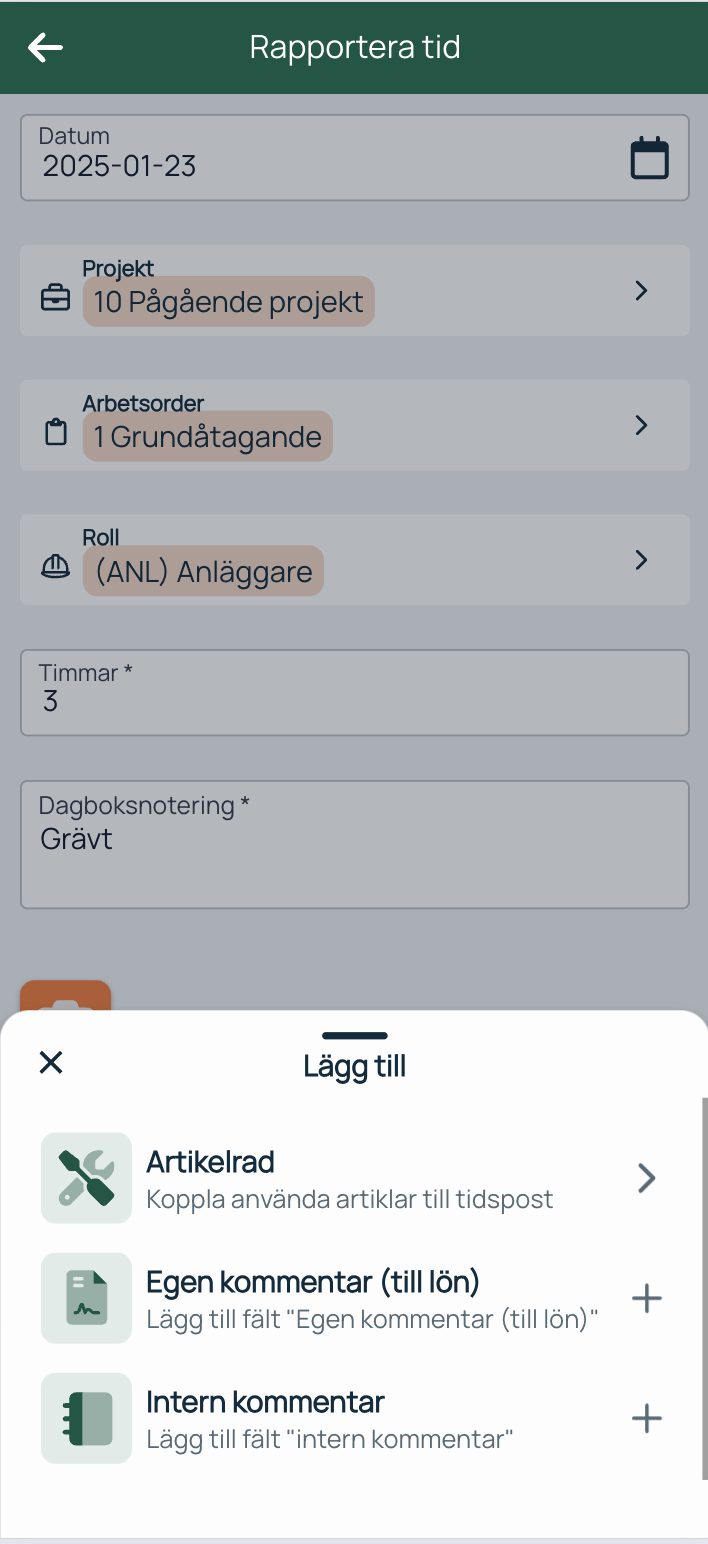 Rapporter tid — Legg til-panel med artikkelrad og kommentarer