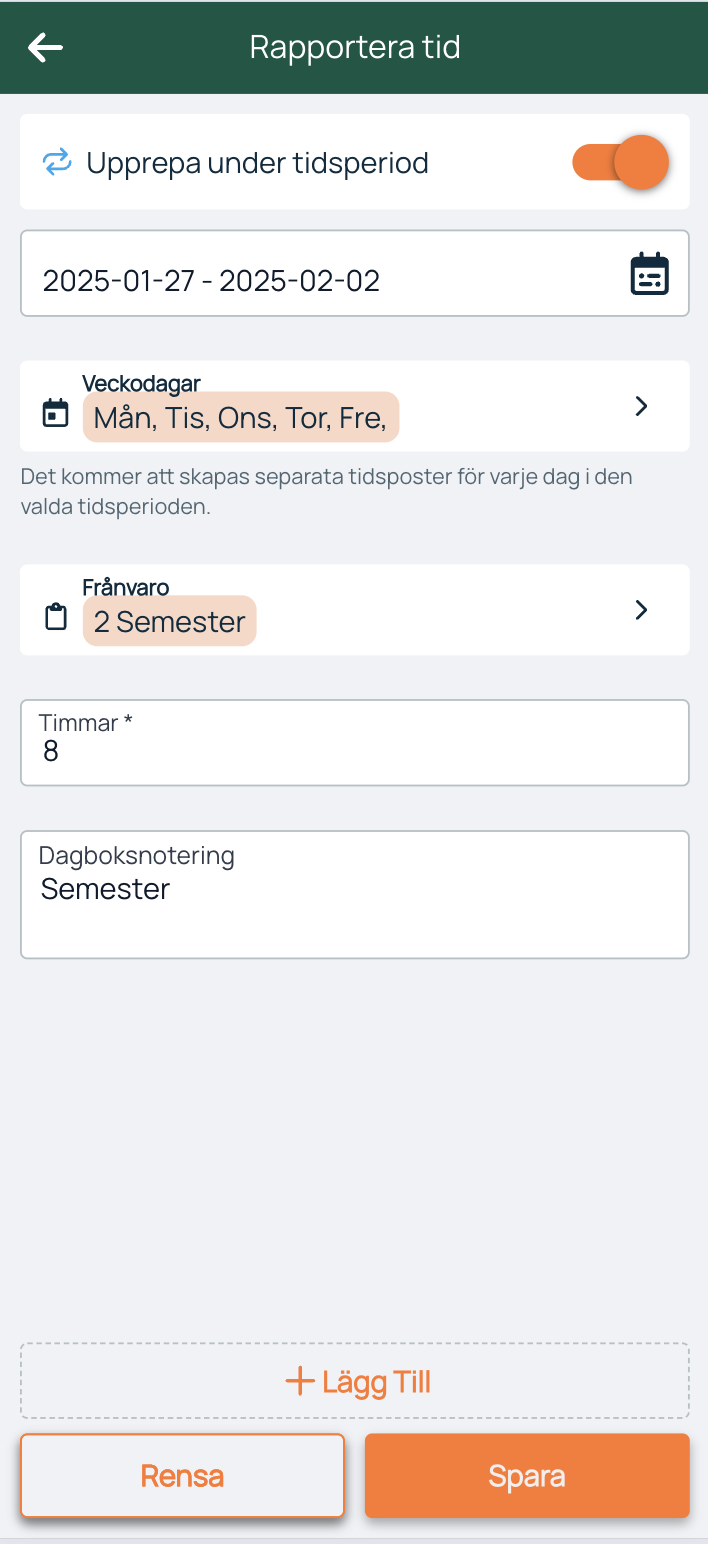 Rapporter tid — gjenta fravær i tidsperiode