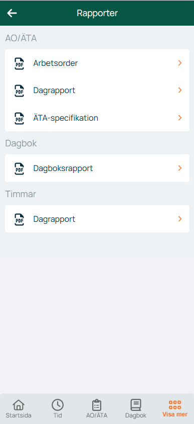 Rapporter — oversikt med AO/ÄTA, Dagbok og Timer