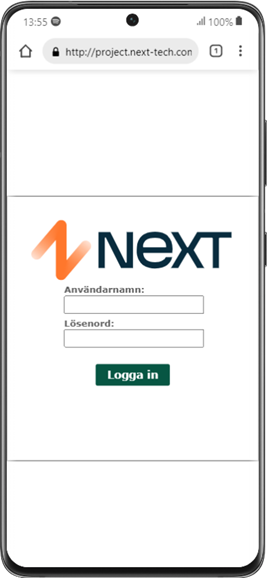 Next-systemet innloggingsside på mobil