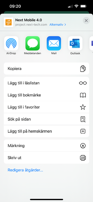 iOS delingmeny for Next Mobile 4.0 nettside